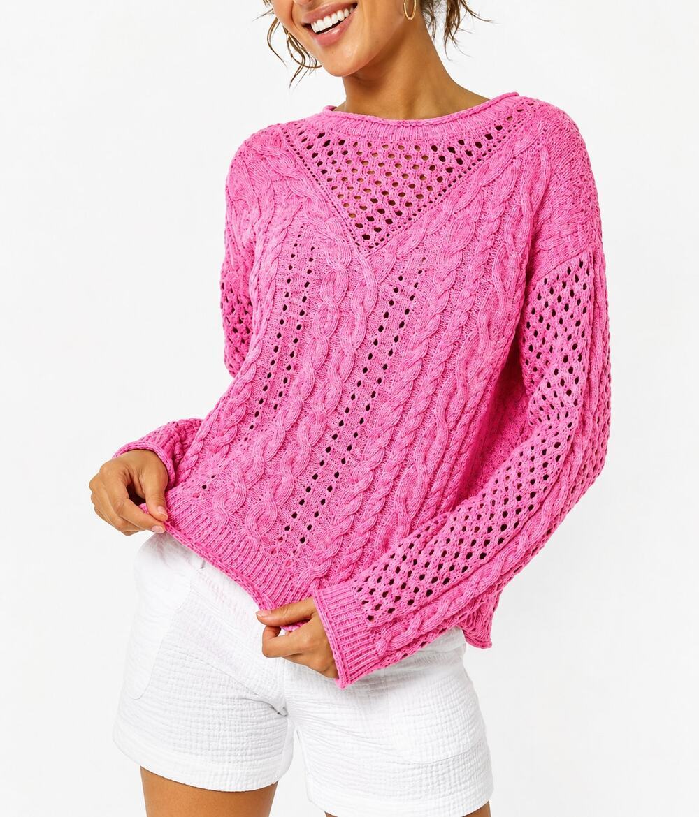 Lilly Pulitzer Maxcy Cable Knit Crochet Sweater Mixed Stitch Pink Marl Size XS